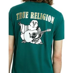 True Religion Men's Gold Metallic Print Buddha Tee T-Shirt in Malachite Green